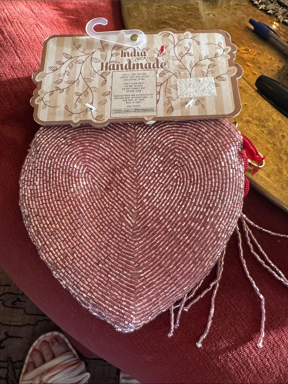Handmade Pink Beaded Heart Wristlet -